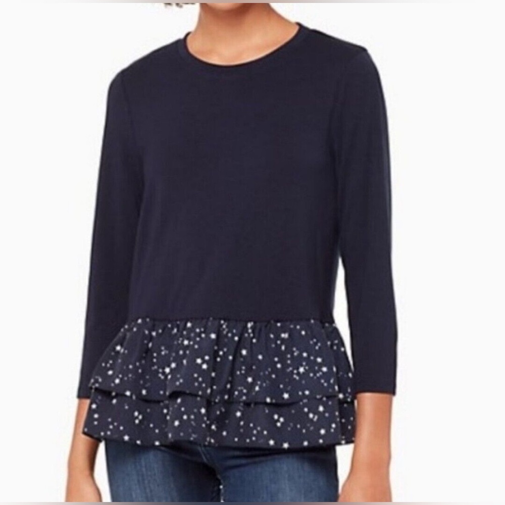 Kate Spade Broome Street navy blue star ruffle top M